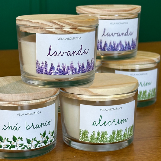 Vela Aromática em pote de vidro e tampa de madeira